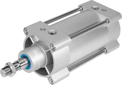 Sølvfarvet pneumatisk cylinder med stik-tilslutninger og skruer.