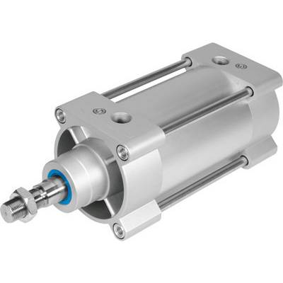 En pneumatisk cylinder af metal, cylindrisk form, hvor stempelstangen og monteringselementerne er synlige.