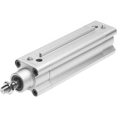 En pneumatisk cylinder af metal med firkantet hoved og fire skruehuller, egnet til industrielle anvendelser.