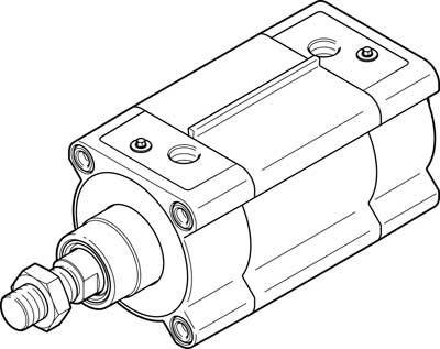 Teknisk tegning af en pneumatisk cylinder med stempelformet aksel, rektangulære endekapper og monteringsbeslag.