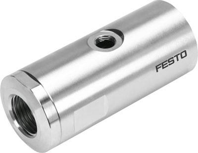 Metalcylinder med gevind i begge ender og sidelig åbning, mærket med 'FESTO'.