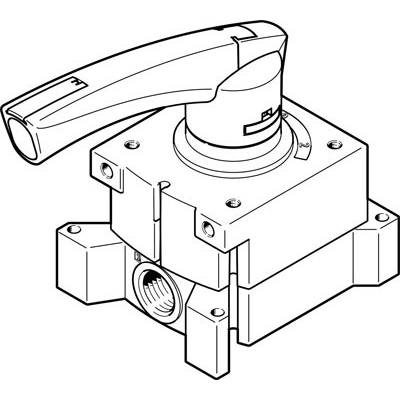 Teknisk tegning af en hydraulisk komponent med et håndtag øverst. Detaljeret fremstilling af tilslutninger og monteringspunkter.