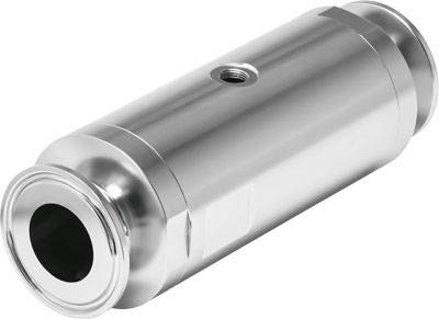En metallisk cylinder, muligvis en del af en maskine, lavet af blankt materiale, med en central åbning og flere riller.