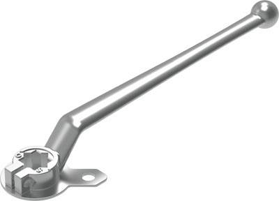 En lang, vandret metalarm med et rundt hoved på den ene side og et mekanisk befæstelsespunkt på den anden side.