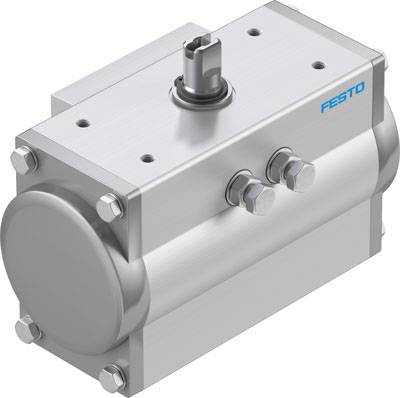 En pneumatisk aktuator af metal med cylindrisk form og flere monteringspunkter, fremstillet af Festo.