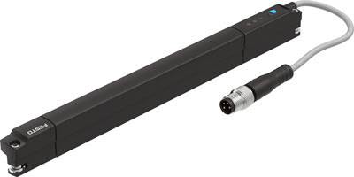 En sort elektrisk lineæraktuator med et kabel og en rund, multipolær stikforbindelse i den ene ende.