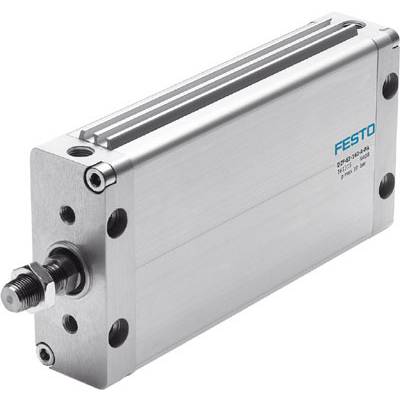 En metallisk pneumatisk cylinder med tilslutninger og påskriften 'Festo' på sidepanelet. Egnet til trykapplikationer.