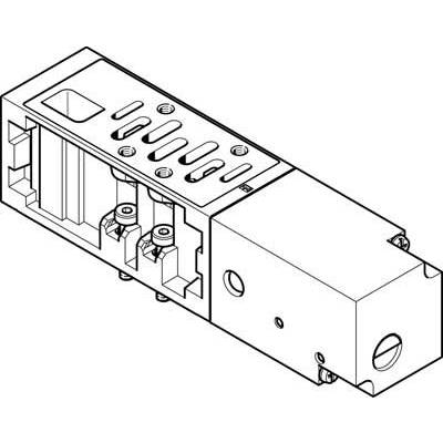 En teknisk tegning af en kompakt ventilblok. Viser interne strukturer og forbindelser for luftstrømme og styringer.