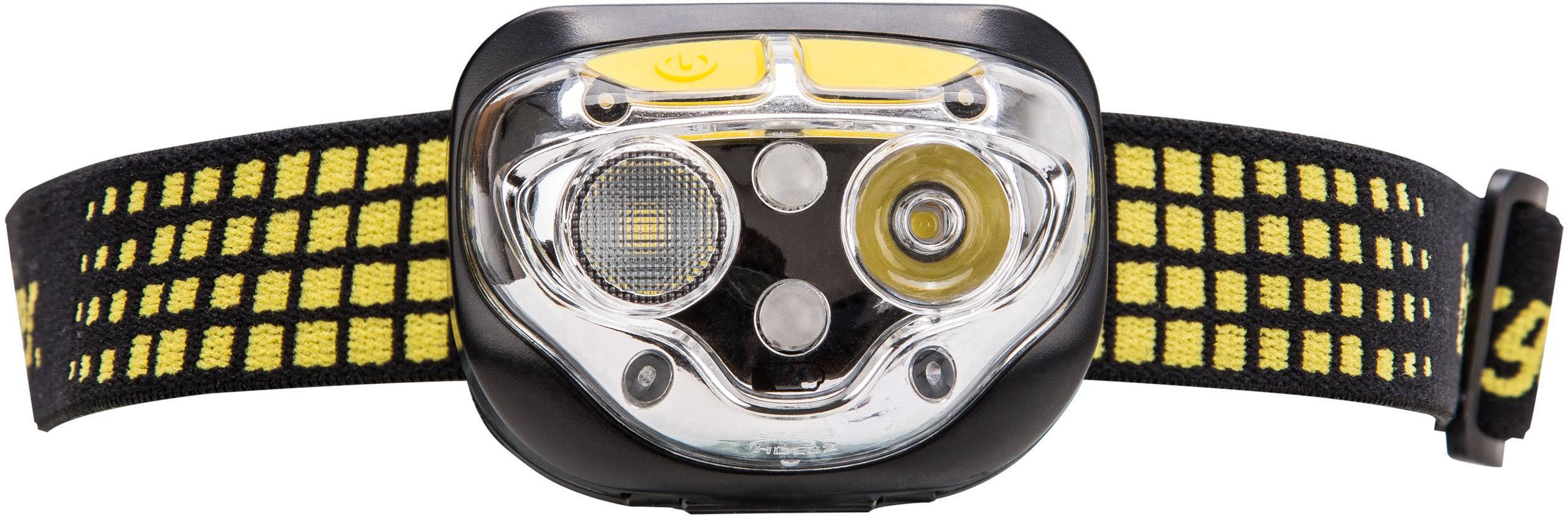 En sort pandelampe med gule detaljer og flere LED-lys. Den har et elastisk, justerbart bånd med gule firkanter.