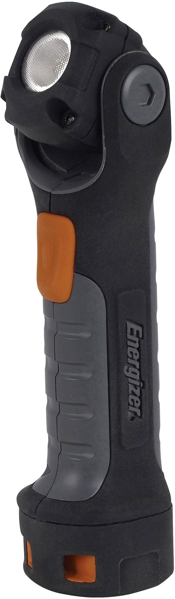 Sort og grå lommelygte med justerbart hoved, orange detaljer og et 'Energizer'-logo på siden, vist stående.