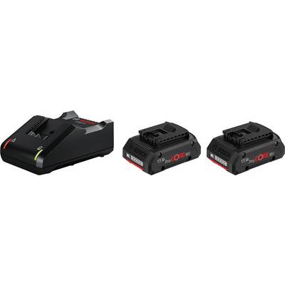 Et opladeapparat og to batterier til Bosch-værktøj. Opladeapparatet til venstre, to rektangulære batterier til højre, alle i sort farve.