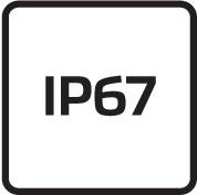 Sort firkant med hvid tekst 'IP67', som viser beskyttelsesgrad mod støv og vand.