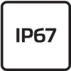 Sort firkant med hvid tekst 'IP67', som viser beskyttelsesgrad mod støv og vand.
