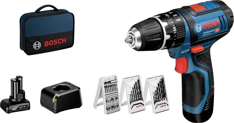 Bosch akkuboremaskinesæt med bor, oplader, batterier og bits. Blå-sort design med rød accent. Inkluderer bæretaske.