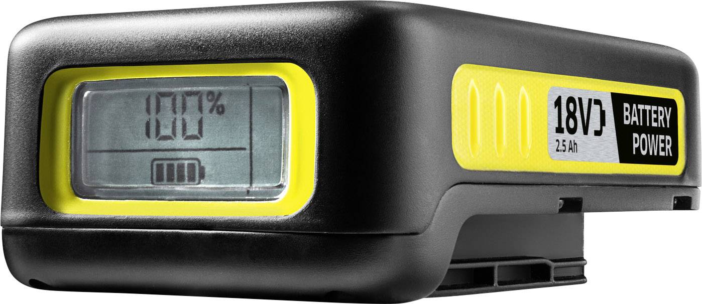 Et batteri med et digitalt display, der viser '100%', og påskriften '18V 2,5 Ah BATTERY POWER'.