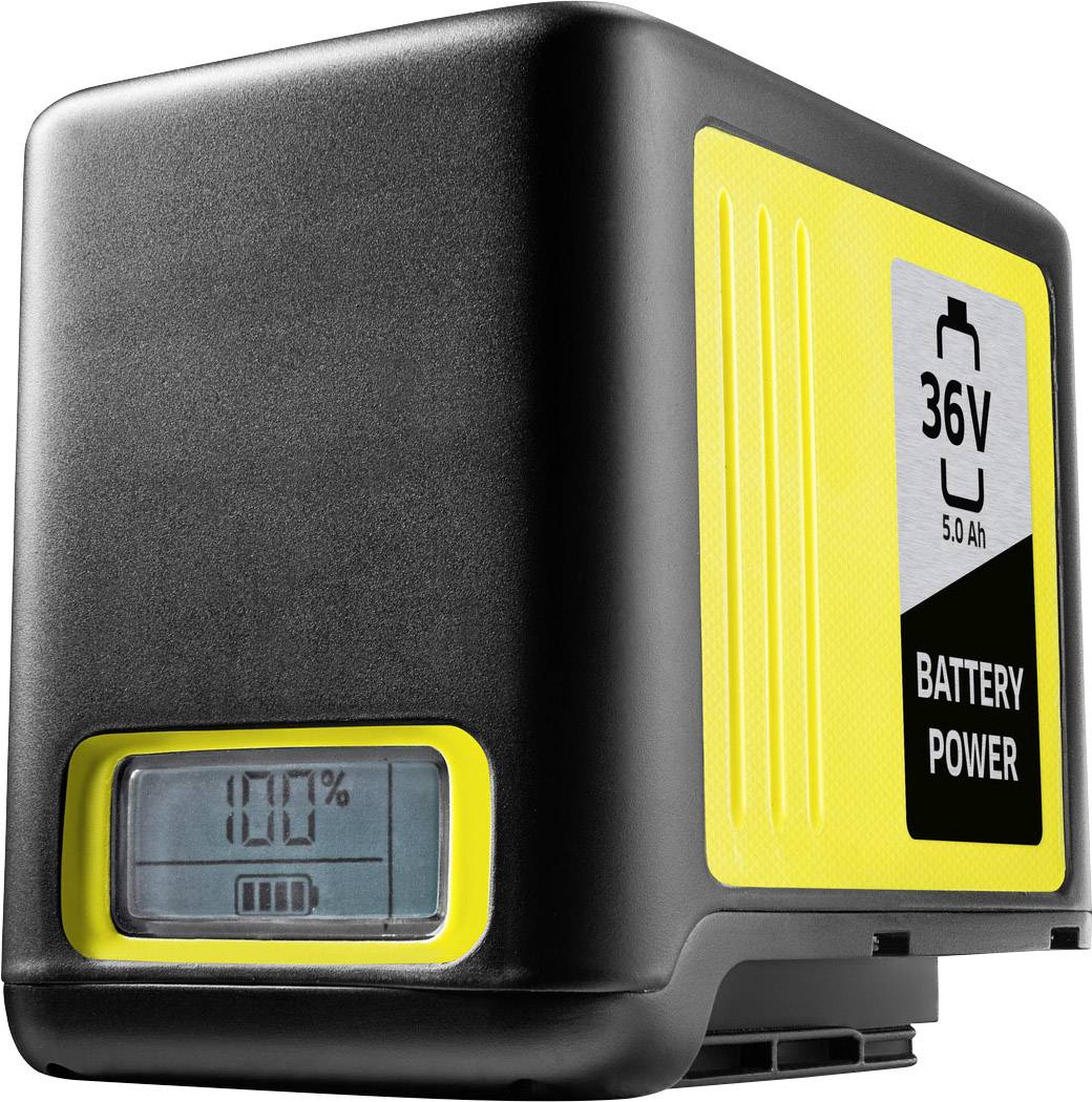 En sort og gul akkupack med et digitalt display viser '100%' opladningsstatus. Beskrivelse: '36V 5.0 Ah BATTERY POWER'.