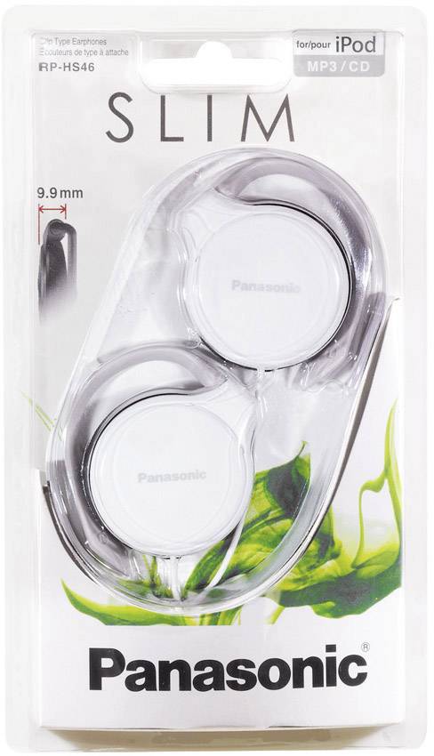 Emballage til en Panasonic høretelefon, model RP-HS46 i hvid. Påskrifter: 'SLIM', egnet til 'iPod', 'MP3/CD'.