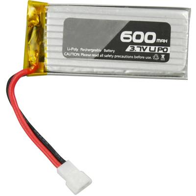 Lithium-ion-polymer batteri med en kapacitet på 600 mAh og en spænding på 3,7 V. Rødt og sort tilslutningskabel.