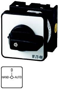 Elektrisk kontakt med tre positioner: '0', 'Hånd', 'Auto'. Position '0' er valgt. Produkt fra Eaton med firkantet frontplade.