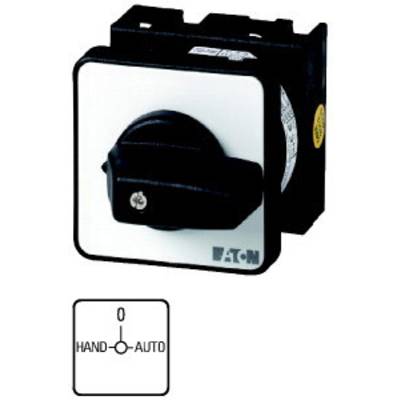 Elektrisk kontakt med tre positioner: '0', 'Hånd', 'Auto'. Position '0' er valgt. Produkt fra Eaton med firkantet frontplade.