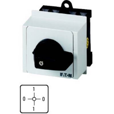 En hvid elektrisk kontakt fra Eaton med sort drejeknap og positionerne '0' og '1', inklusive positionsdiagram i nederste venstre hjørne.