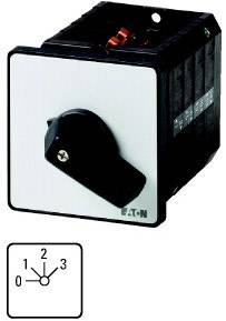 En sort drejekontakt med fire positioner (0 til 3). En illustration nedenfor viser kontaktpositionerne. Producent: Eaton.