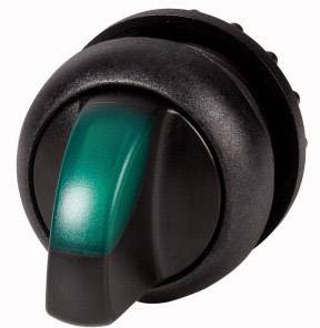 En sort drejeknap med en grønt oplyst løftestang på toppen, muligvis til elektronisk eller mekanisk styring.