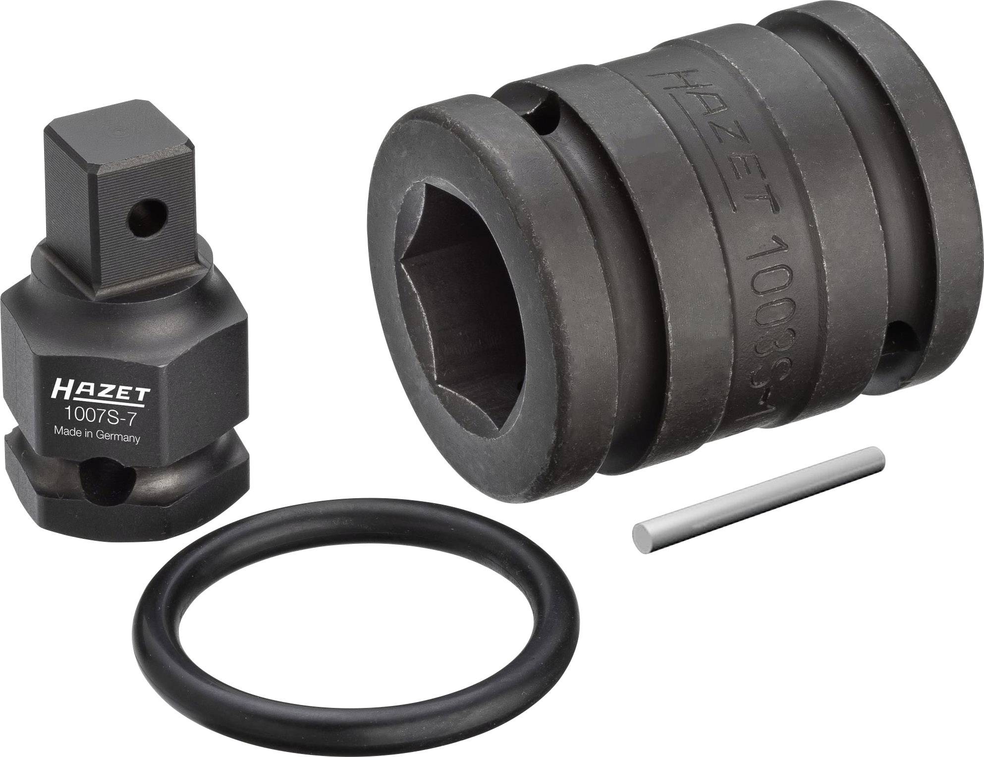 Forbindelsesadapter sæt fra Hazet, bestående af adapter, hylster, O-ring og stift. Velegnet til professionelle værktøjer.