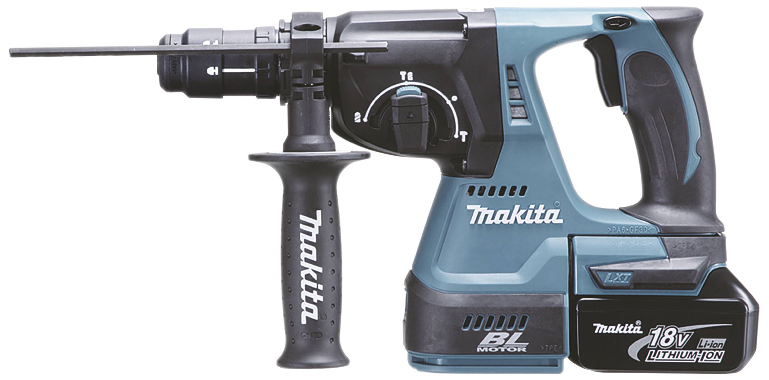 Trådløs borehammer fra Makita, 18V, sort-blå, med sidegreb og lithium-ion-batteri; egnet til tunge boreopgaver.