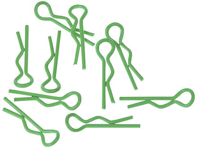 Otte grønne splitter i forskellige positioner på hvid baggrund. Splitterne er beregnet til fastgørelsesformål i tekniske applikationer.