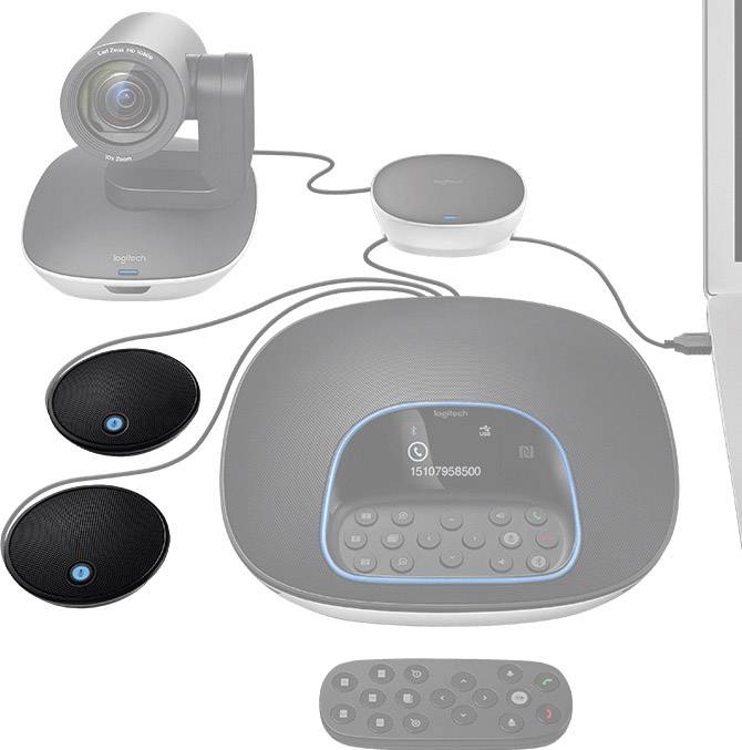 Konferencekamera-sæt med kamera, højttalertelefon, to mikrofoner og fjernbetjening til videokonferencer.