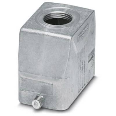 En rektangulær, sølvfarvet metalanslutning, sandsynligvis til hydrauliske eller pneumatiske systemer, med en rund åbning øverst.