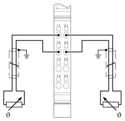 Principdiagram for et elektrisk system med kontakter og jordforbindelse, viser to parallelle kredsløb mærket 1.1 til 2.4.