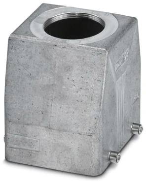 Metalkappe, rektangulær form, med rund åbning foroven, grå-sølvfarvet, til industrielle anvendelser eller maskinkonstruktion.