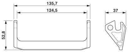 Teknisk tegning af en U-formet metalkomponent med dimensioner: Bredde 135,7 mm og 124,5 mm indvendig, højde 52,8 mm, sideprofil 37 mm.