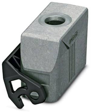 Metallisk blok med gevindhul foroven, og på siden et sort plastdel med vinkel og åbning til fastgørelse.