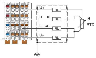 Diagram over en elektrisk kredsløb til temperaturmåling med et modstandstermometer (RTD), som viser stikfordeling og forbindelsespunkter.