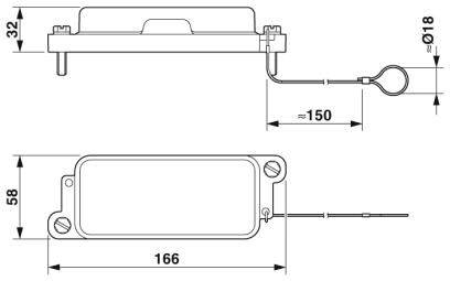 Diagram over en rektangulær enhed med låg, 166 mm lang, 58 mm bred, 32 mm høj; viser kabelforbindelse på 150 mm længde.