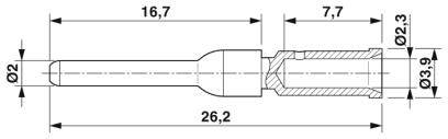 Teknisk tegning af et stik med mål: Samlet længde 26,2 mm, diameter 2 mm fortil, 2,3 mm i midten, 3,9 mm bagtil.