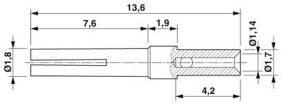 Teknisk tegning af en stift med følgende mål: Længde 13,6 mm, diameter fra 1,8 mm til 1,14 mm, og lateral rille på 7,6 mm.