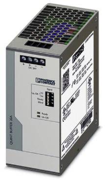 En elektronisk enhed i grå farve, muligvis en strømforsyning eller industriel komponent, med flere tilslutninger og en skærm.