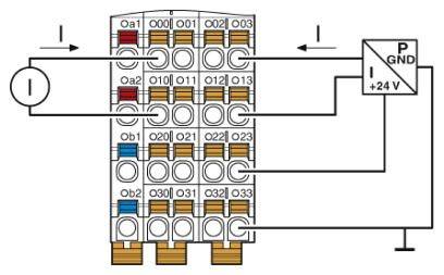 Principdiagram for en elektrisk enhed med klemme-mærkning. Viser forbindelser mellem ind- og udgange med strømforsyning (+24 V, GND).