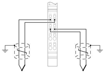 Diagram over en elektrisk kredsløb med stik og jordtilslutninger, viser forbindelsesledninger og deres retninger.