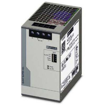 Et rektangulært elektronisk apparat med et gråt kabinet, flere tilslutninger og en etiket med tekniske detaljer og oplysninger.