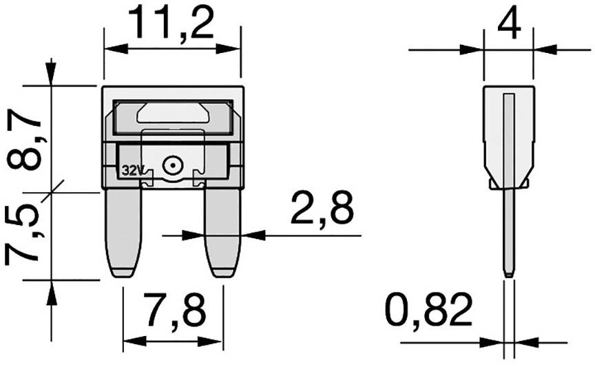 Tegning af elektronisk komponent med mål: Bredde 11,2 mm, Højde 8,7 mm, Pin-afstand 7,8 mm, Tykkelse 2,8 mm, Pin-tykkelse 0,82 mm.