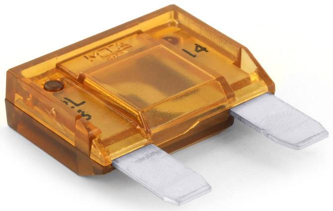 En orange fladsikring med to metalforbindelser, mærket med tallet '14', som bruges til sikring af elektriske kredsløb i køretøjer.