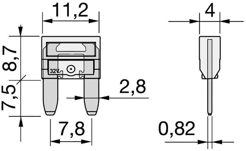 Teknisk tegning af en elektrisk komponent med dimensioner: Bredde 11,2 mm, højde 8,7 mm, 32V, benlængde 7,8 mm, pinafstand 2,8 mm.