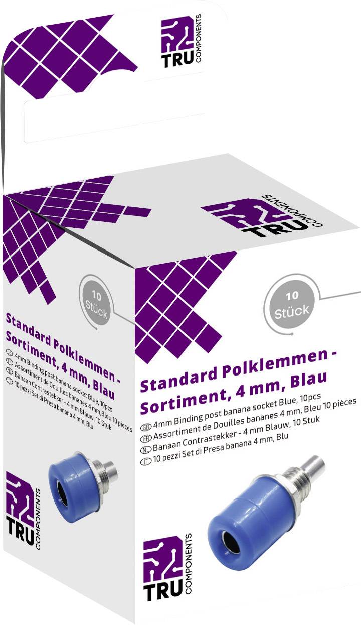 Produktemballage til 'Standard polklemme-sortiment, 4 mm, Blå'. Viser et blåt tilbehørsdel og mængden på 10 styk.