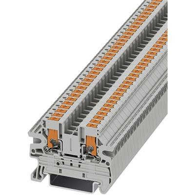 Grå-orange rækkeklemme til elektrisk forbindelse, set fra siden. Dobbelte tilslutningsrækker, egnet til DIN-skinnemontage.