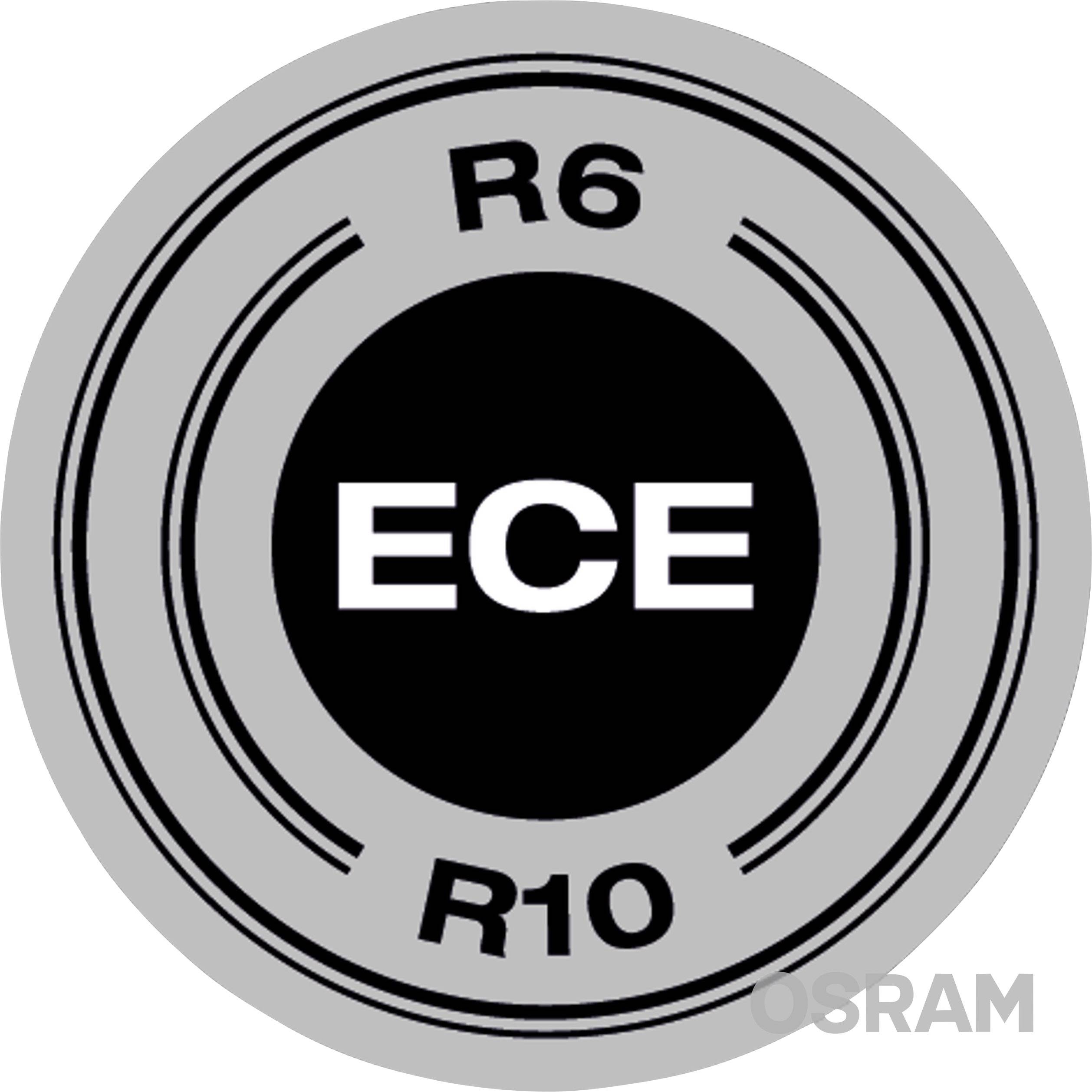 'R6 R10 ECE'-certificeringsmærke med sort cirkel på grå baggrund. Varemærkenavn nederst til højre.
